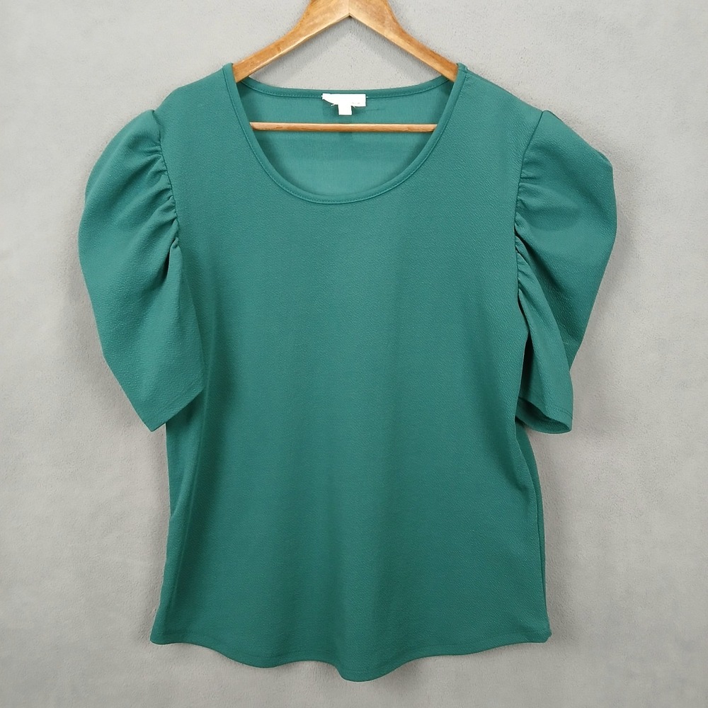 C'Est La Vie Blouse Womens Large Green Textured Puffy Short Sleeve Scoop Neck